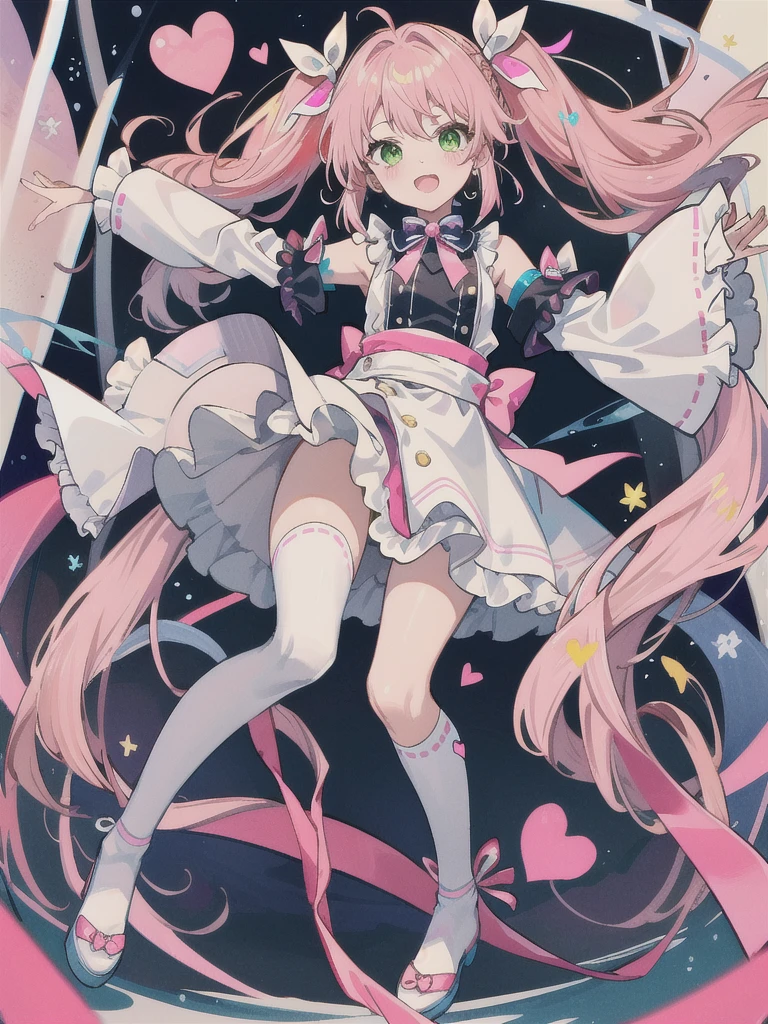 She has olive green eyes and long blonde hair that is braided over her shoulders., Tied with a little ribbon and a heart, Pale pink scrunchie, Red Clip. Her hair color is lighter、It stretched very long, Worn in pigtails tied with a deep pink ribbon with a red heart. she金のハートのイヤリングを手に入れた. she、With white ruffle trim、She is wearing a pale pink ruffled dress with a pink lined band down the center。. A white ribbon with a ruby heart on the chest, A yellow ribbon is tied around her waist、Fastened with a small heart、A wallet is hanging from it. Her shoes are pale pink.、The soles are pink、It comes with white ruffled leg warmers that match the sleeves.。, Adorned with a pink ribbon and a ruby heart.