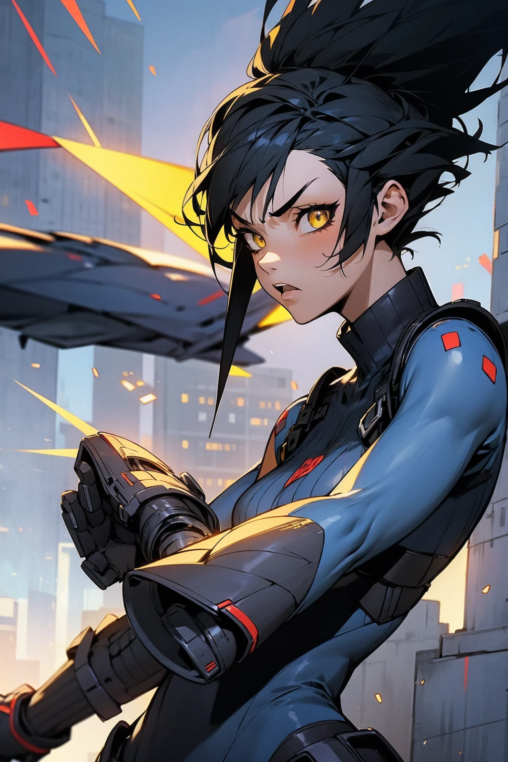 1female, black hair, yellow eyes, angry expression, short spiked hair, red white and blue super suit, city background, detailed background, detailed face, waving, standing