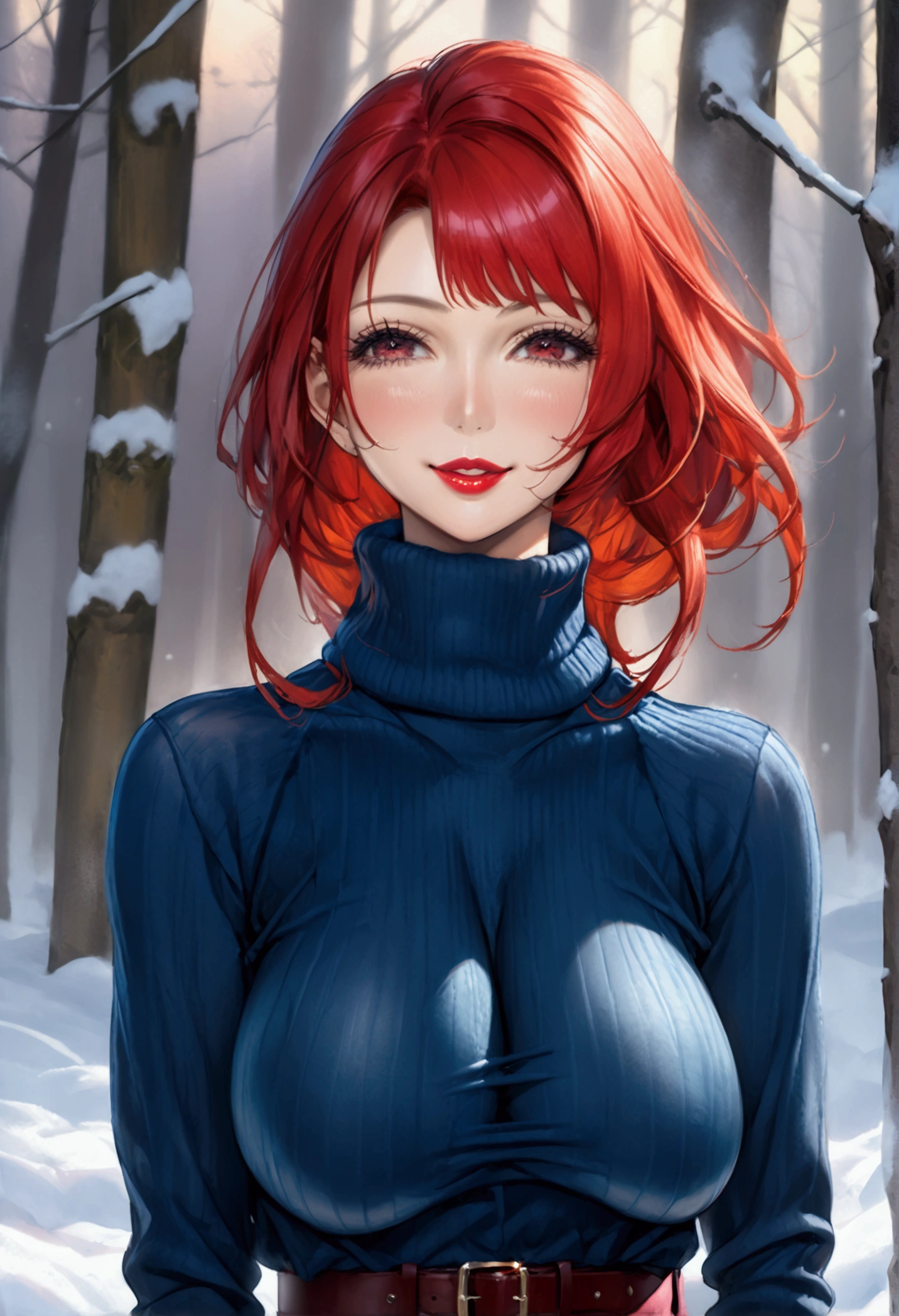 ((A aroused woman with voluptuous perfect toned meaty figure, extreme firm firm firm accurately rounded 34DDD sized erected breasts, covered erected nipples, erotic expressions on face, red lips, and straight red hair)), ((wearing an unwrinkled smooth extreme skintight turtleneck velour blue thick sweater with a belt and a extreme super skintight plush sumptuously velour luxuriously soft ribbed Winter Warm Thermal velvet Fleece Lined Women Leggings)), ((**standing and smiling, facing viewer high quality, detailed face portrait, photorealistic, 8k, masterpiece vivid colors, warm lighting, intricate details, hentai, waifu, full body view**))