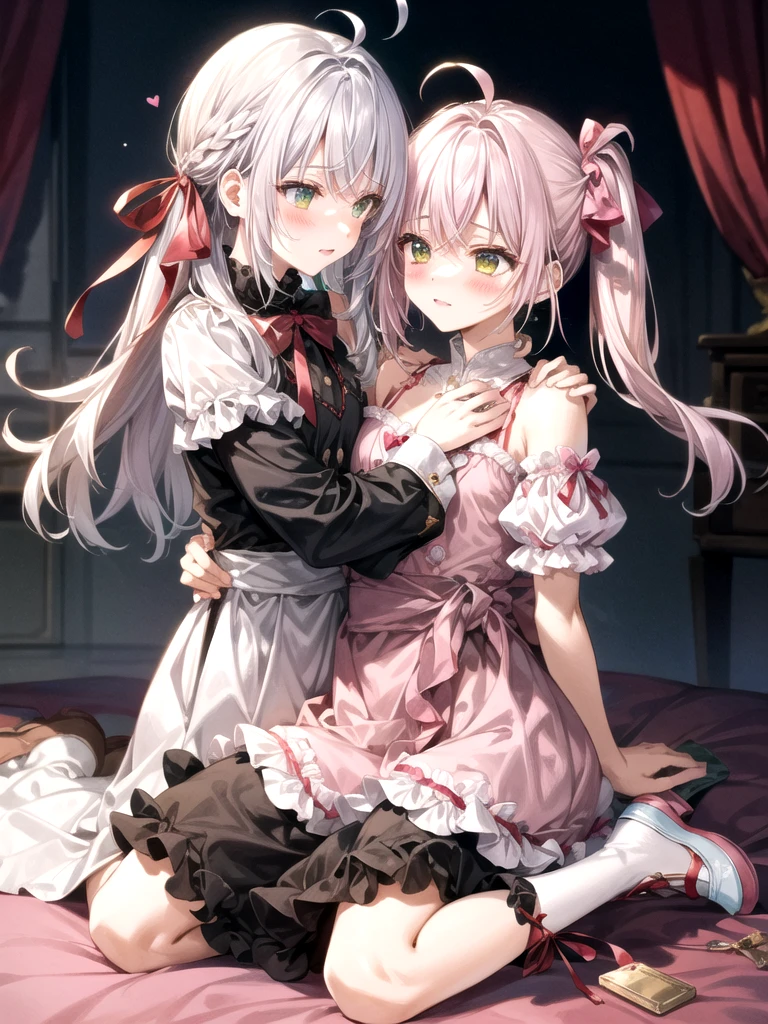 She has olive green eyes and long blonde hair that is braided over her shoulders., Tied with a little ribbon and a heart, Pale pink scrunchie, Red Clip. Her hair color is lighter、It stretched very long, Worn in pigtails tied with a deep pink ribbon with a red heart. she金のハートのイヤリングを手に入れた. she、With white ruffle trim、She is wearing a pale pink ruffled dress with a pink lined band down the center。. A white ribbon with a ruby heart on the chest, A yellow ribbon is tied around her waist、Fastened with a small heart、A wallet is hanging from it. Her shoes are pale pink.、The soles are pink、It comes with white ruffled leg warmers that match the sleeves.。, Adorned with a pink ribbon and a ruby heart.