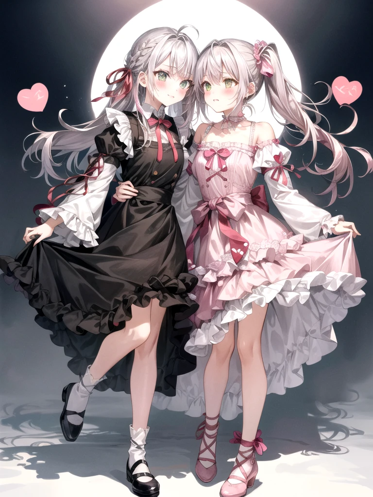 She has olive green eyes and long blonde hair that is braided over her shoulders., Tied with a little ribbon and a heart, Pale pink scrunchie, Red Clip. Her hair color is lighter、It stretched very long, Worn in pigtails tied with a deep pink ribbon with a red heart. she金のハートのイヤリングを手に入れた. she、With white ruffle trim、She is wearing a pale pink ruffled dress with a pink lined band down the center。. A white ribbon with a ruby heart on the chest, A yellow ribbon is tied around her waist、Fastened with a small heart、A wallet is hanging from it. Her shoes are pale pink.、The soles are pink、It comes with white ruffled leg warmers that match the sleeves.。, Adorned with a pink ribbon and a ruby heart.