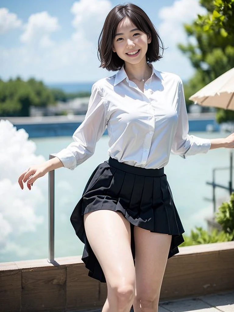 
１８Year old girl、A uniform skirt fluttering in the wind、Beautiful feet、cloud、（（Thighs, thighs, thighs））、Big ample breasts、smile、White shirt、Wide open chest、（Butt）、short hair、 information