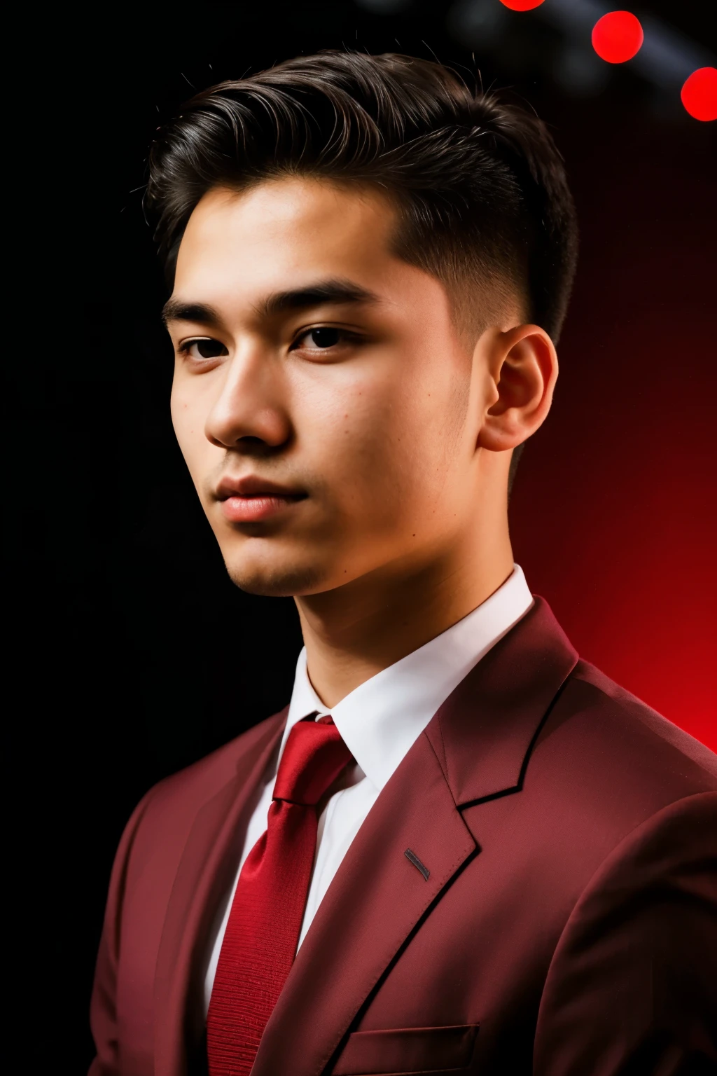 21 year old boy with fair skin color posing for linked in profile facing the front and upclose standing in professional way in formals and cool red lights background