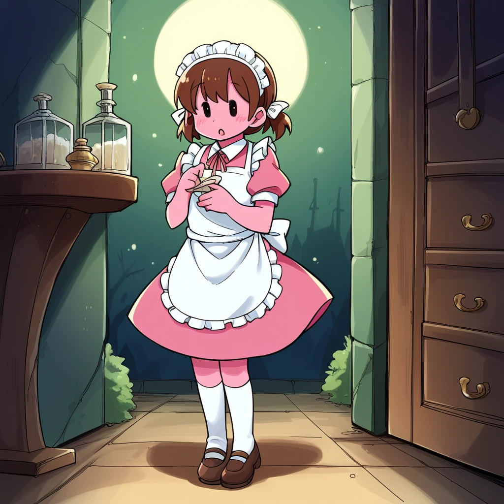 PDXL, score_9_Excellent, score_8_Excellent, score_7_Excellent, Highest quality, masterpiece, sauce_anime, Dark Background, indoor, Dim lighting, Old house, night, Detailed Background, Break 1 Boy, alone, Bobby_(/Noil/), Dot Eye, Ghost, Ghost boy, Brown Hair, Pink Skin, Pink body, Brown Hair, socks, View your audience, {Maid:1.40}, {長さ Maid dress:1.15},