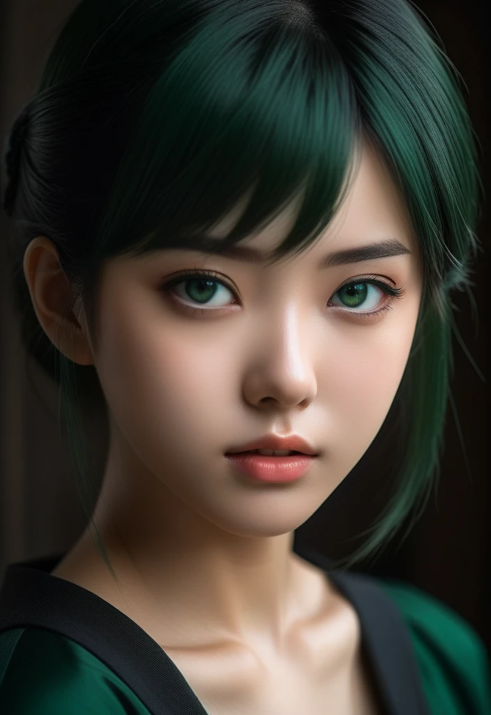 Female anime manga characters, in the style of haunting portraiture, dark green and light black, uncanny valley realism, gongbi, barbizon school, shiny eyes, multilayered realism