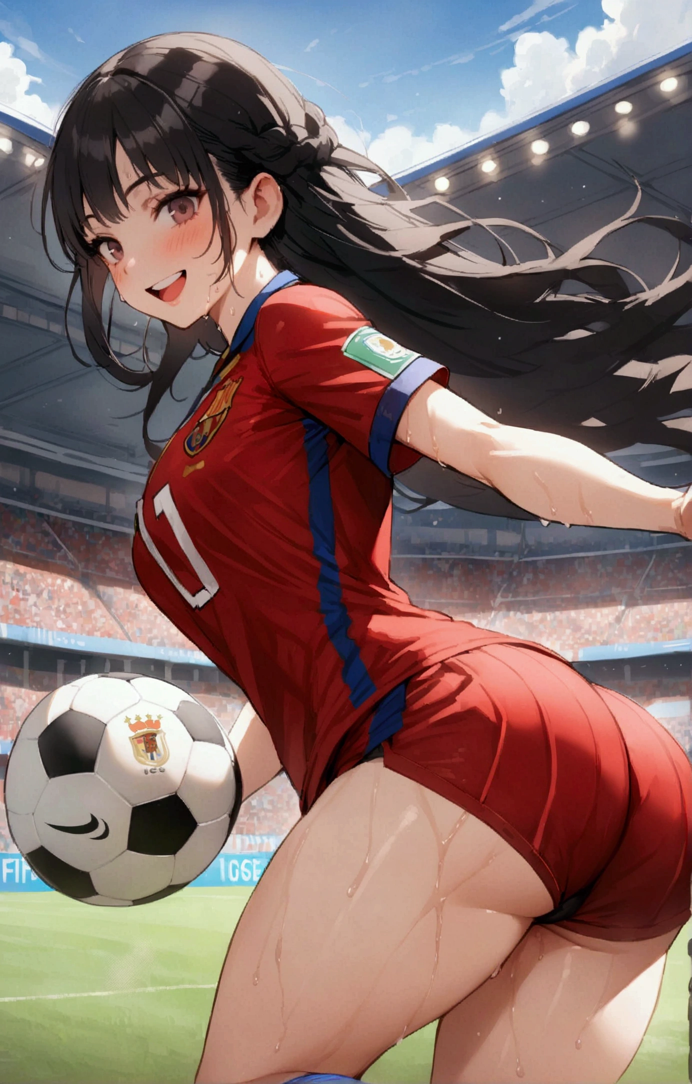 One woman、beautiful girl、high school girl、Soccer uniforms、Barcelona uniforms、Long Hair、smile、Black sports panties、Shoot like Ronaldinho、Shorts、Shortsからパンチラ、Football Stadium、soccer ball、The stands are packed、Kicking the ball、Highest quality, Thick thighs、Big Ass、Black Hair、Sweaty body、Number 10、Sweaty crotch、Take the shot、FIFA World Cup、play soccer