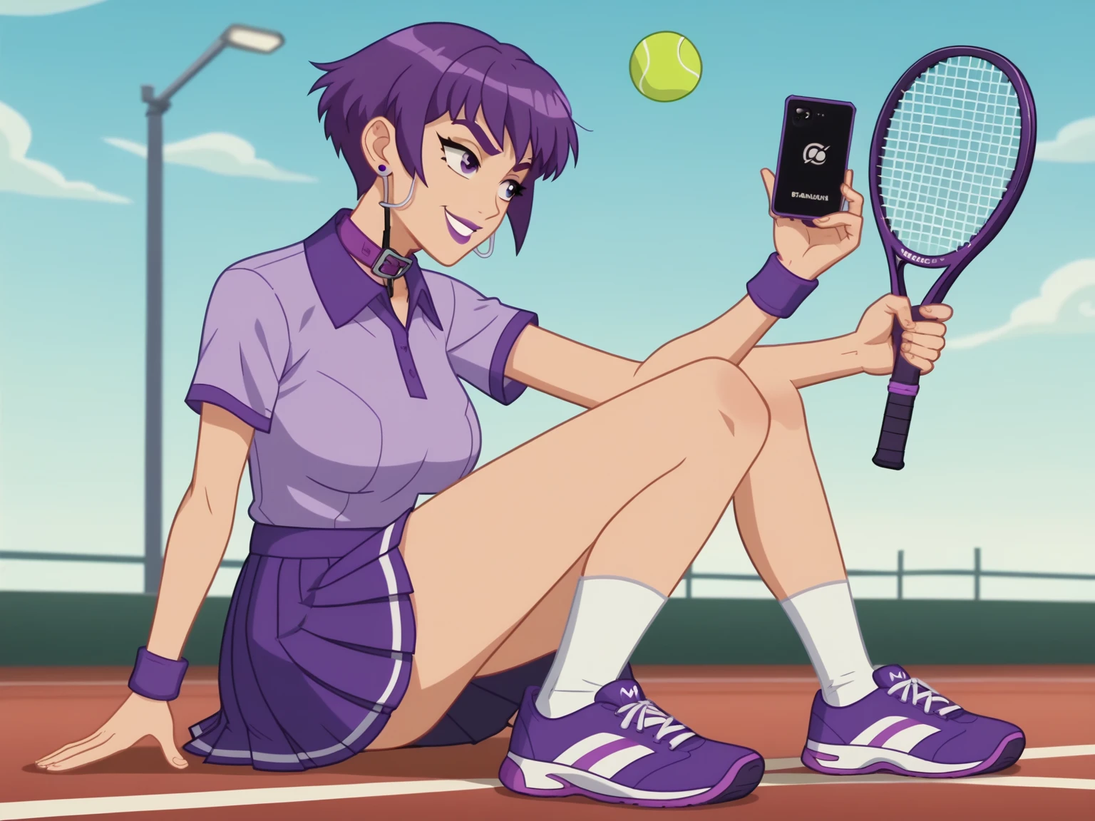 score_8_up, score_7_up, BREAK, screencap, 1girl, solo, purple hair, female, age, short hair, purple eyes, purple eyelids, purple eyebrows, large breast, bra size c+, full body, purple lipstick, purple polo collar shirt, purple pleated knee length skirt, white socks, purple and white tennis shoes, purple bracelet, purple earrings, purple purse, looking at viewers, outdoors, washington d.c., smartphone, ipod touch, earbuds, digital camera, tennis ball, holding tennis racket, sunny, blue sky, smile