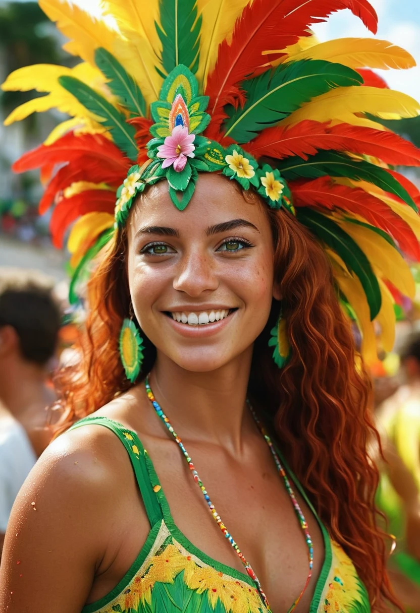 girl from Brazil. Her tanned skin reflects the heat of the tropics and the country's lively spirit. Brazilian red head woman. Isabella's expressive green eyes, like the Amazon rainforest, maintain the depth of Brazilian culture and diversity. His body is sculptural, strong and toned. She wears colorful and vibrant clothes, typical of the Brazilian carnival. Her shiny hair, often adorned with vibrant flowers, symbolizes the nation's love of festivities. A happy smile reflects the energy and hospitality of Brazilians. Isabella dances happily among the crowd at Rio de Janeiro's carnival, there is a lot of confetti and carnival decorations scattered around the city, the samba rhythms echo for meters during the celebration of the carnival party. With her love of football, art, and delicious cuisine, she embodies Brazil's passion and zest for life, making her a magnetic representation of the country's allure. 3D Rendered, Realistic, Octane, Ultra-Realistic, extremely detailed octane, Cinematic.