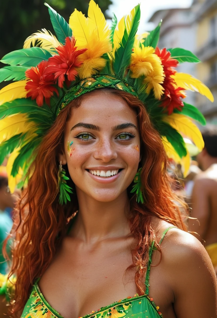 girl from Brazil. Her tanned skin reflects the heat of the tropics and the country's lively spirit. Brazilian red head woman. Isabella's expressive green eyes, like the Amazon rainforest, maintain the depth of Brazilian culture and diversity. His body is sculptural, strong and toned. She wears colorful and vibrant clothes, typical of the Brazilian carnival. Her shiny hair, often adorned with vibrant flowers, symbolizes the nation's love of festivities. A happy smile reflects the energy and hospitality of Brazilians. Isabella dances happily among the crowd at Rio de Janeiro's carnival, there is a lot of confetti and carnival decorations scattered around the city, the samba rhythms echo for meters during the celebration of the carnival party. With her love of football, art, and delicious cuisine, she embodies Brazil's passion and zest for life, making her a magnetic representation of the country's allure. 3D Rendered, Realistic, Octane, Ultra-Realistic, extremely detailed octane, Cinematic.
