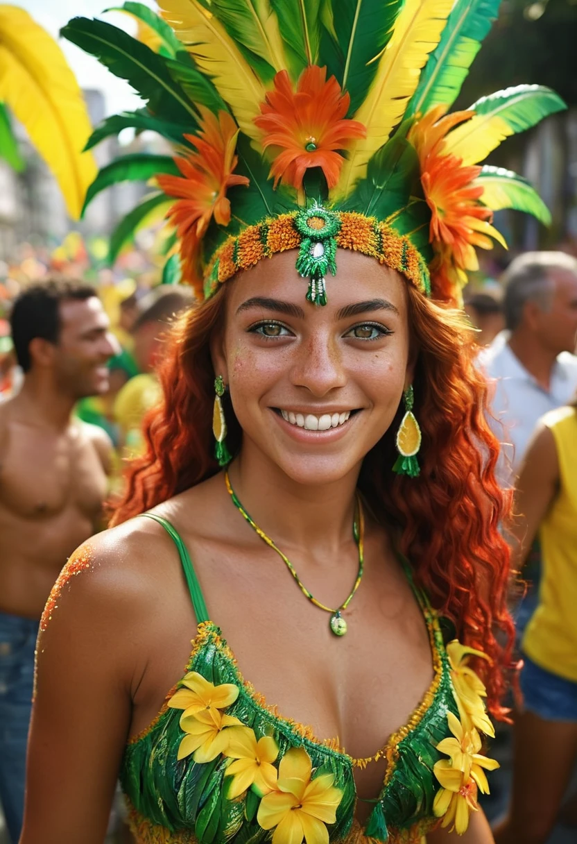 girl from Brazil. Her tanned skin reflects the heat of the tropics and the country's lively spirit. Brazilian red head woman. Isabella's expressive green eyes, like the Amazon rainforest, maintain the depth of Brazilian culture and diversity. His body is sculptural, strong and toned. She wears colorful and vibrant clothes, typical of the Brazilian carnival. Her shiny hair, often adorned with vibrant flowers, symbolizes the nation's love of festivities. A happy smile reflects the energy and hospitality of Brazilians. Isabella dances happily among the crowd at Rio de Janeiro's carnival, there is a lot of confetti and carnival decorations scattered around the city, the samba rhythms echo for meters during the celebration of the carnival party. With her love of football, art, and delicious cuisine, she embodies Brazil's passion and zest for life, making her a magnetic representation of the country's allure. 3D Rendered, Realistic, Octane, Ultra-Realistic, extremely detailed octane, Cinematic.