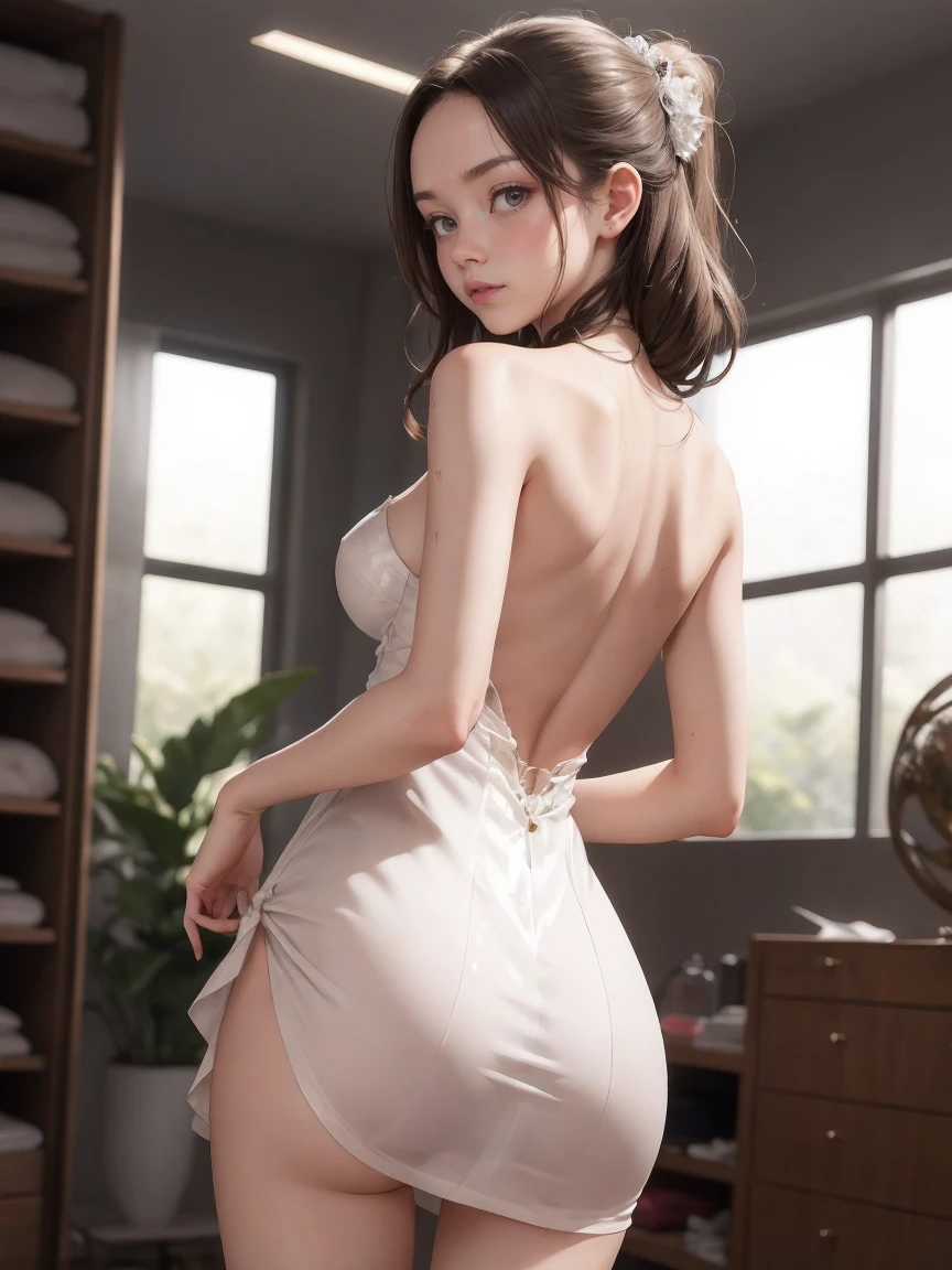 (whole body:1.5),octane rendering, 8K, best quality, masterpiece, backlit scene, single light,illustration, extremely delicate and beautiful, detailed,extremely detailed,CG,Unite,wallpaper,Astonishing, fine details, realistic art: 1.2 ,masterpiece, best quality, official art, extremely detailed CG Unite 8K wallpaper,1 girl, 16 years old, wearing a shiny formal dress with skirt and bodice, looking back, skinny body, talking, animated facial expression, inside a clothing store, green eyes, dark brown hair, widows peak, pretty symetrical face, shiny wet skin, pale complexion, thin waist, narrow hips, long legs, skinny body, small breasts, , Realistic photos, (hiqcgbody) ,perfect female figure, 1 month pregnant
