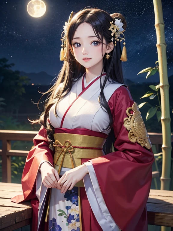 (Highest quality、 8k wallpaper、masterpiece、High resolution)、Vibrant colors、The Tale of the Bamboo Cutter、The Tale of Princess Kaguya、Elegant and beautiful woman with long black hair、A kind look、Smile on the lips、Traditional costumes of Japan、12 Single layer costume、whole body、Detailed Background、(Tall bamboo, starry sky and full moon)、Detailed digital art、