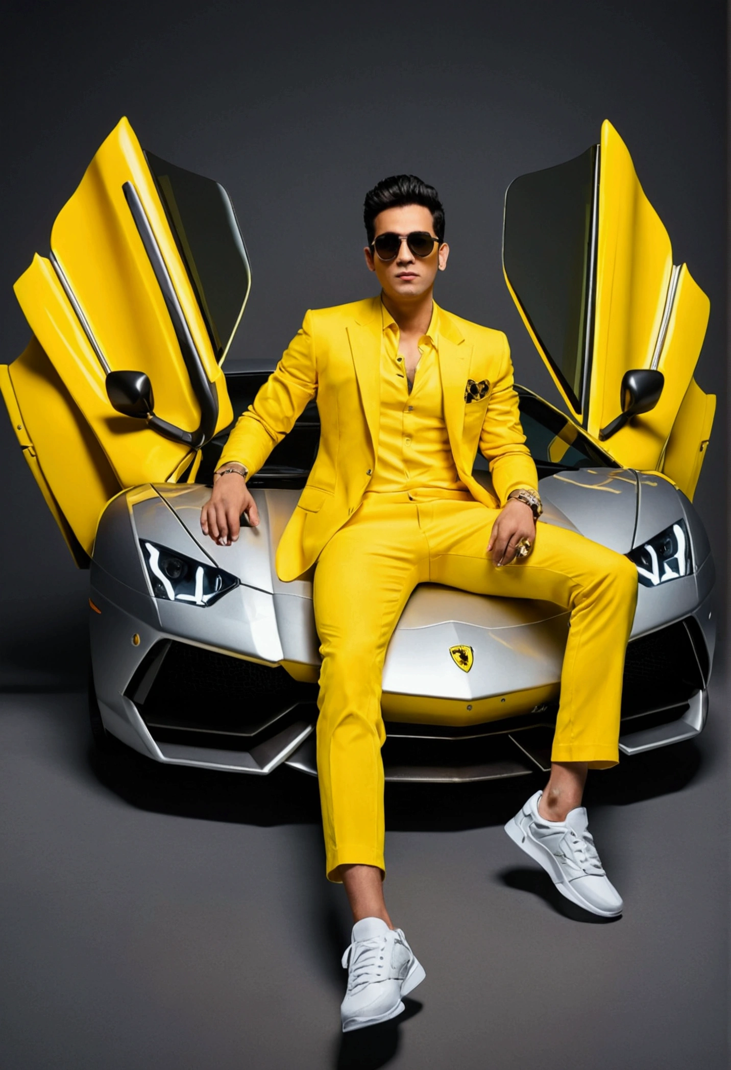 create a 3D illusion for a profile picture where a 25 year old boy attitude BOY in a yellow dress and sunglasses sitting casually on a wingback yellow Lamborghini, wearing sneakers, with yellow
sunglasses he looks ahead the background features ” MAZIN KHAN” in big and capital Light yellow neon font on the dark grey wall, there should not be his shodow, and there are wings to make it appear as if be is an angel