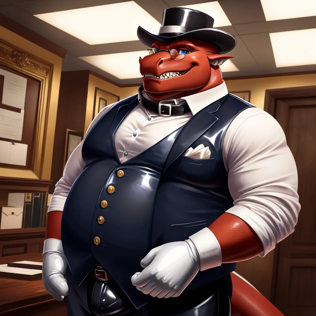 Solo, Male, fat, extremely obese, gentleman, dapper Professor Dragon, mob boss, blue eyes, (posing:1.3), (soft shading), 4k, hi res, ((detailed face, detailed)), looking at viewer, mouth wide open, dapper clothing, collared shirt with buttons, bowler hat, male focus, Explorer Outfit, glasses, monocle, vest with buttons, sleeves rolled up, round eyewear, brown headwear, brown vest, office, Dragon is wearing a glossy leather dog collar around the neck, Dragon is wearing the leather collar and shirt and vest at the same time, Dragon is wearing glossy white rubber gloves on the hands, wearing white rubber gloves on the feet, gloves are rubber in texture, clenching teeth, clenching fists, leather collar is glossy and shiny with a lot of detail, Dragon is wearing gloves and leather collar at the same time, leather collar has a round dog-tag, leather collar is thick and detailed, leather collar is glossy and shiny, fancy clothing, dapper vest, dapper shirt, leather collar is thick, glossy leather collar.