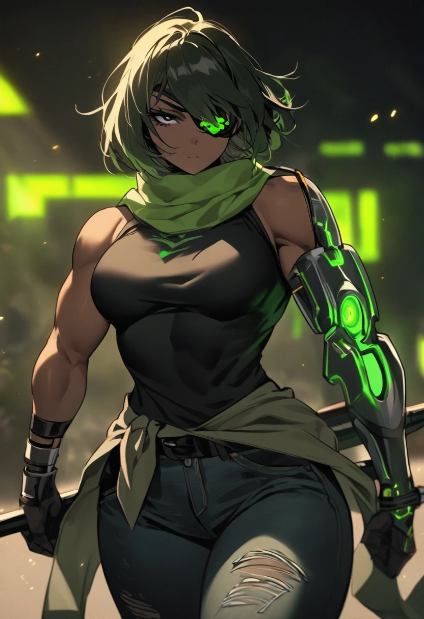 a Ukrainian woman with slightly dark skin, she has short hair with green tips, she wears a radiation mask that covers her nose and mouth and a black eye patch over her right eye, leaving only her left eye visible, her eye it's green. She wears a tight black tank top and a green scarf around her neck, she also wears wide ripped jeans that are tied to her waist by a thick black belt with some metal ornaments, she wears mechanical prosthetics on both arms on which there are green lights neon, she wears thick-heeled military boots and has a drawing of a Dragon marked on the metal prosthetic of her right arm. She has a strong physique and reasonable muscles. She has a murderous look and is very sinister.