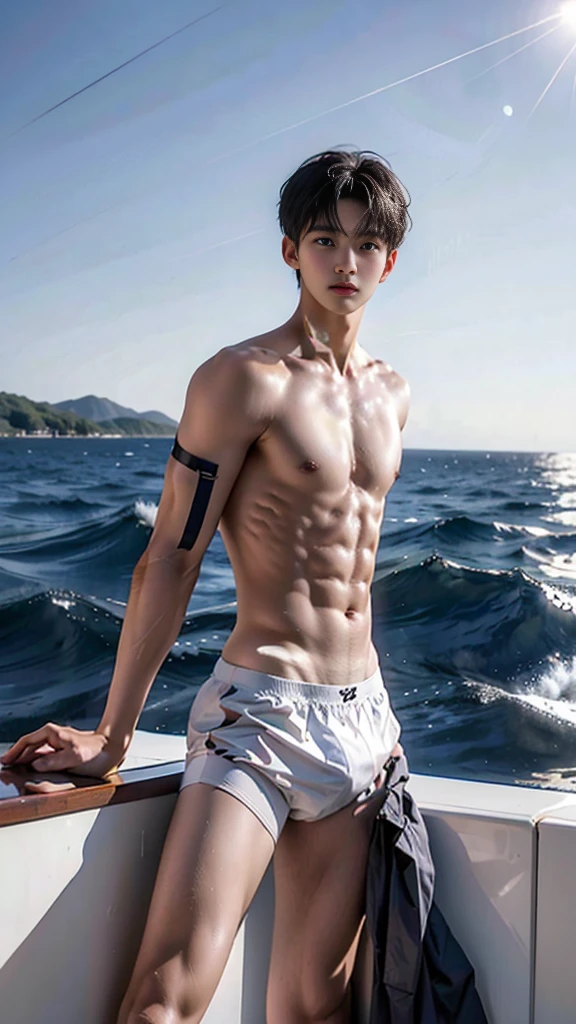  male,Not wearing a shirt,Wear some white underwear.,At sea