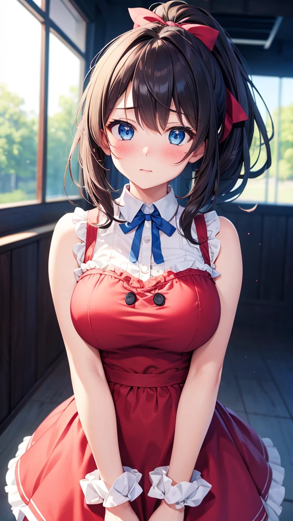 One girl, High resolution, ponytail, ribbon, masterpiece, Highest quality, Medium Hair, Large Breasts, Blushing, blue eyes, Light blush, expression, Character portrait, Background blur, movie,