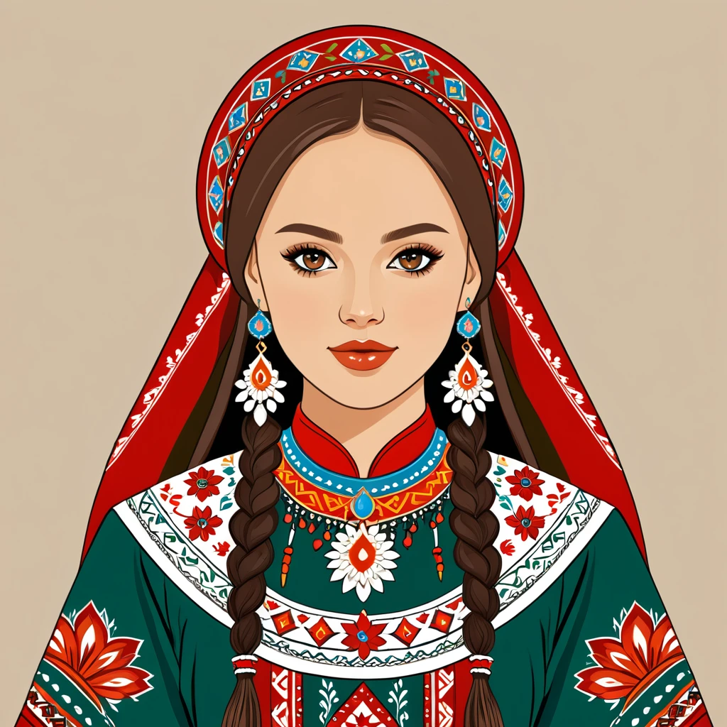 young woman in bashkir folk outfit, vector graphics, strong contours

