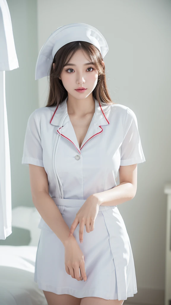innocent 25 year old girl，giant :1.2,cleavage of breasts:1.2、(panty shot:1.3) (white nurse uniform:1.5),( White short skirt:1.5),(White nurse hat:1.5),(white nurse pumps:1.5), Angle:1.2、The background is a hospital room.、laugh,shortcut、RAW photos, (8k、top quality、masterpiece:1.2)、(intricate details:1.4)、(realistic:1.4)、octane rendering、Complex 3D Rendering Ultra Detailed, studio soft light, rim lights, vivid details, super detailing, realistic skin texture, detail face, Beautiful eye for detail, Highly detailed CG Unity 16k wallpaper, assembly, (detailed background:1.2), glowing skin, whole body