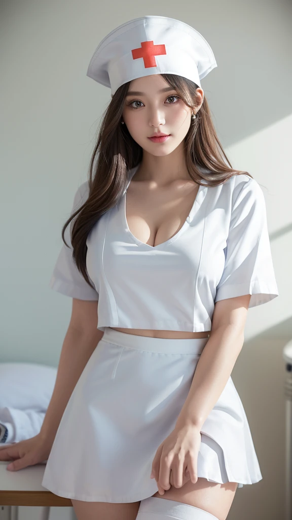 innocent 25 year old girl,giant :1.2,cleavage of breasts:1.2、(panty shot:1.3) (white nurse uniform:1.5),( White short skirt:1.5),(White nurse hat:1.5),(white nurse pumps:1.5), Angle:1.2、The background is a hospital room.、laugh,shortcut、RAW photos, (8k、top quality、masterpiece:1.2)、(intricate details:1.4)、(realistic:1.4)、octane rendering、Complex 3D Rendering Ultra Detailed, studio soft light, rim lights, vivid details, super detailing, realistic skin texture, detail face, Beautiful eye for detail, Highly detailed CG Unity 16k wallpaper, assembly, (detailed background:1.2), glowing skin, whole body