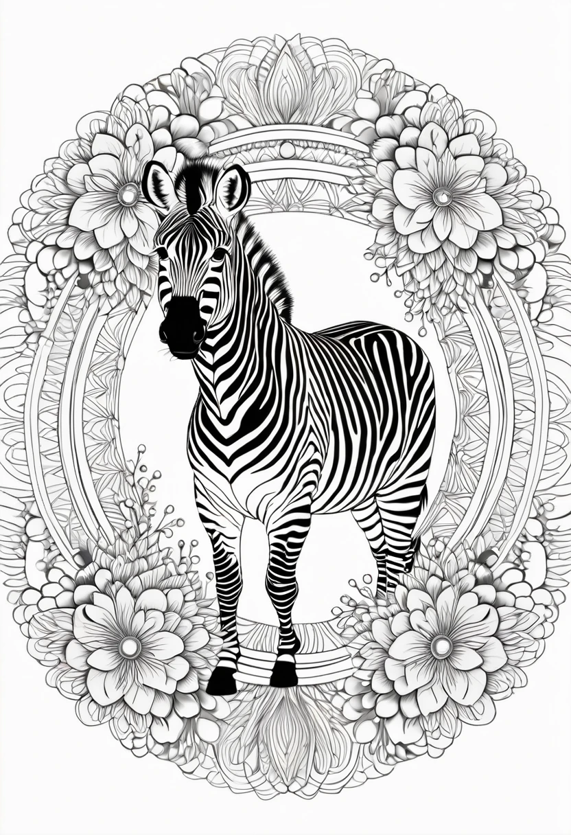 A striking black and white line art coloring page designed for adults with white background, featuring a majestic Zebra in a mandala-inspired style. The Zebra is adorned with intricate patterns that include floral and geometric designs, making it an engaging and detailed work of art. The illustration focuses on crisp, clean lines and bold outlines, without any shading or color, allowing the user to bring their own vibrancy to the piece. The minimalistic design, with its thick lines and absence of background details, creates a soothing coloring experience for adults seeking calming and creative activities. illustration