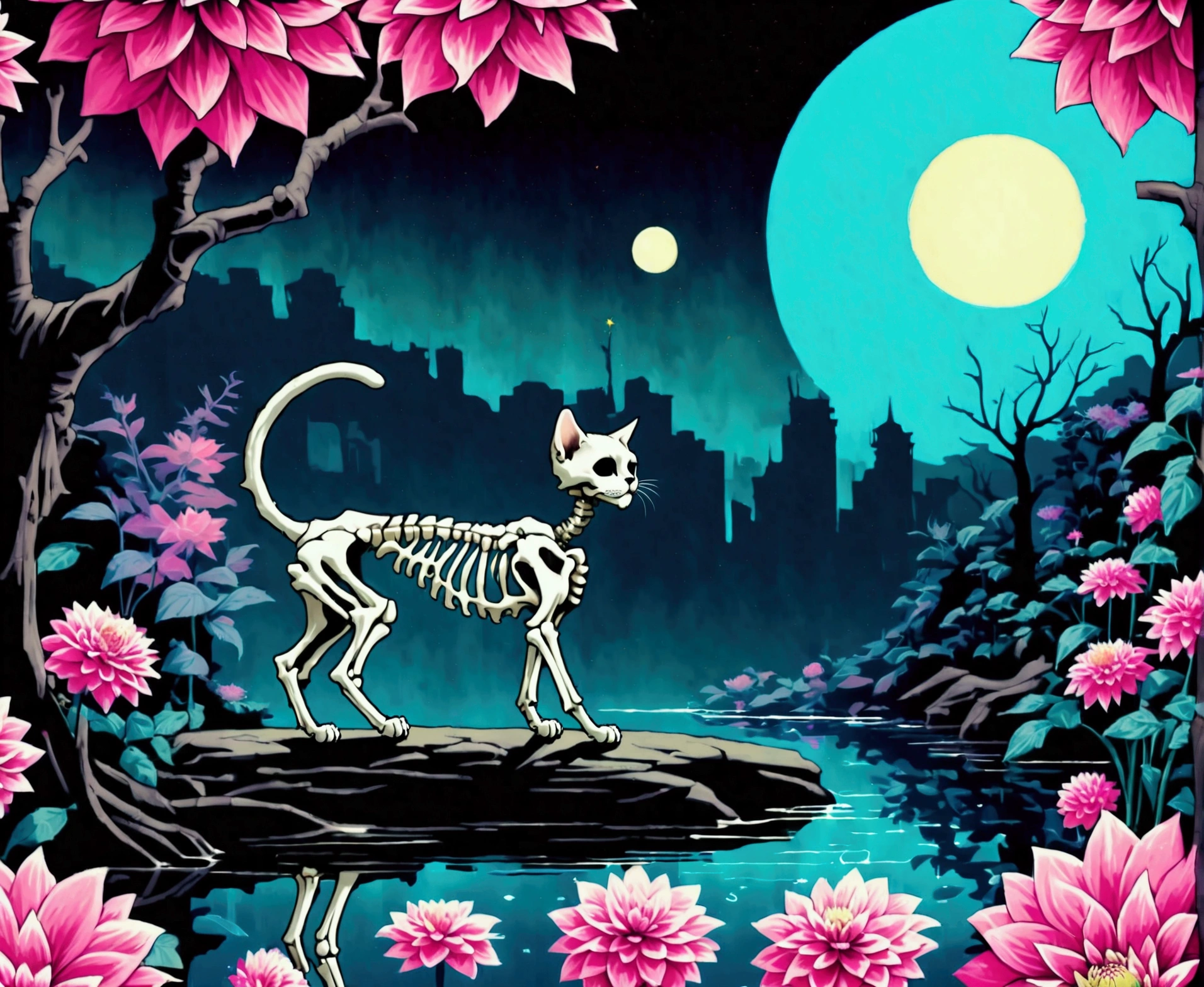 Create a vivid, detailed, dark-whimisical, digital illustration with pop-surrealist elements depicting a completely (Skeletal cat:1.5) in enchanted nocturnal forest. (Vibrant pastel color palette:1.3) with purples, pinks, and teals. (Giant full moon:1.2) illuminating scene. Bare trees frame the composition. (Lush pink dahlias:1.4) surround skeleton kitty. Ethereal (glowing particles:1.1) float throughout. Small waterfall and reflective pool in foreground.  Atmosphere evokes beautiful melancholy and magical realism. Theme: juxtaposition of life and death, nature's cycle. (Masterful use of lighting and color contrast:1.4) to create depth and otherworldly ambiance. Render with smooth gradients and intricate bone details. 
