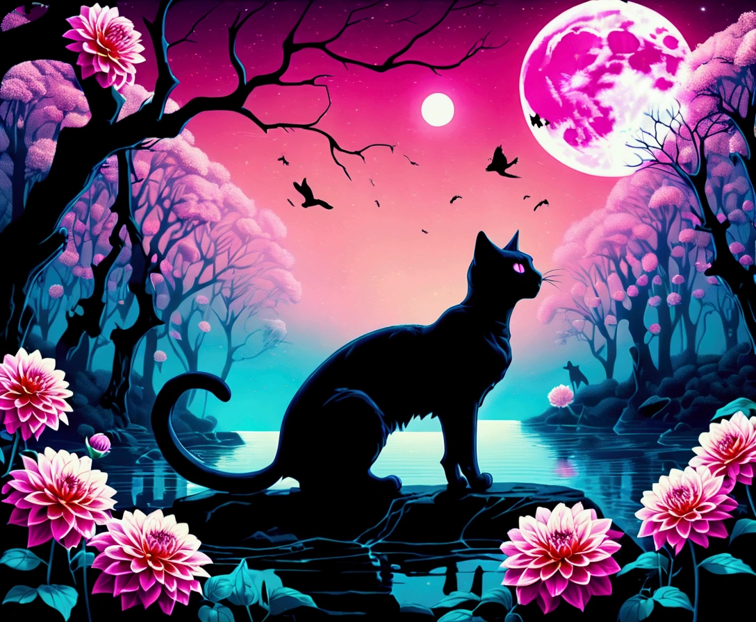 Create a vivid, detailed, dark-whimisical, digital illustration with pop-surrealist elements depicting a completely (Skeletal cat:1.5) in enchanted nocturnal forest. (Vibrant pastel color palette:1.3) with purples, pinks, and teals. (Giant full moon:1.2) illuminating scene. Bare trees frame the composition. (Lush pink dahlias:1.4) surround skeleton kitty. Ethereal (glowing particles:1.1) float throughout. Small waterfall and reflective pool in foreground. Atmosphere evokes beautiful melancholy and magical realism. Theme: juxtaposition of life and death, nature's cycle. (Masterful use of lighting and color contrast:1.4) to create depth and otherworldly ambiance. Render with smooth gradients and intricate bone details.