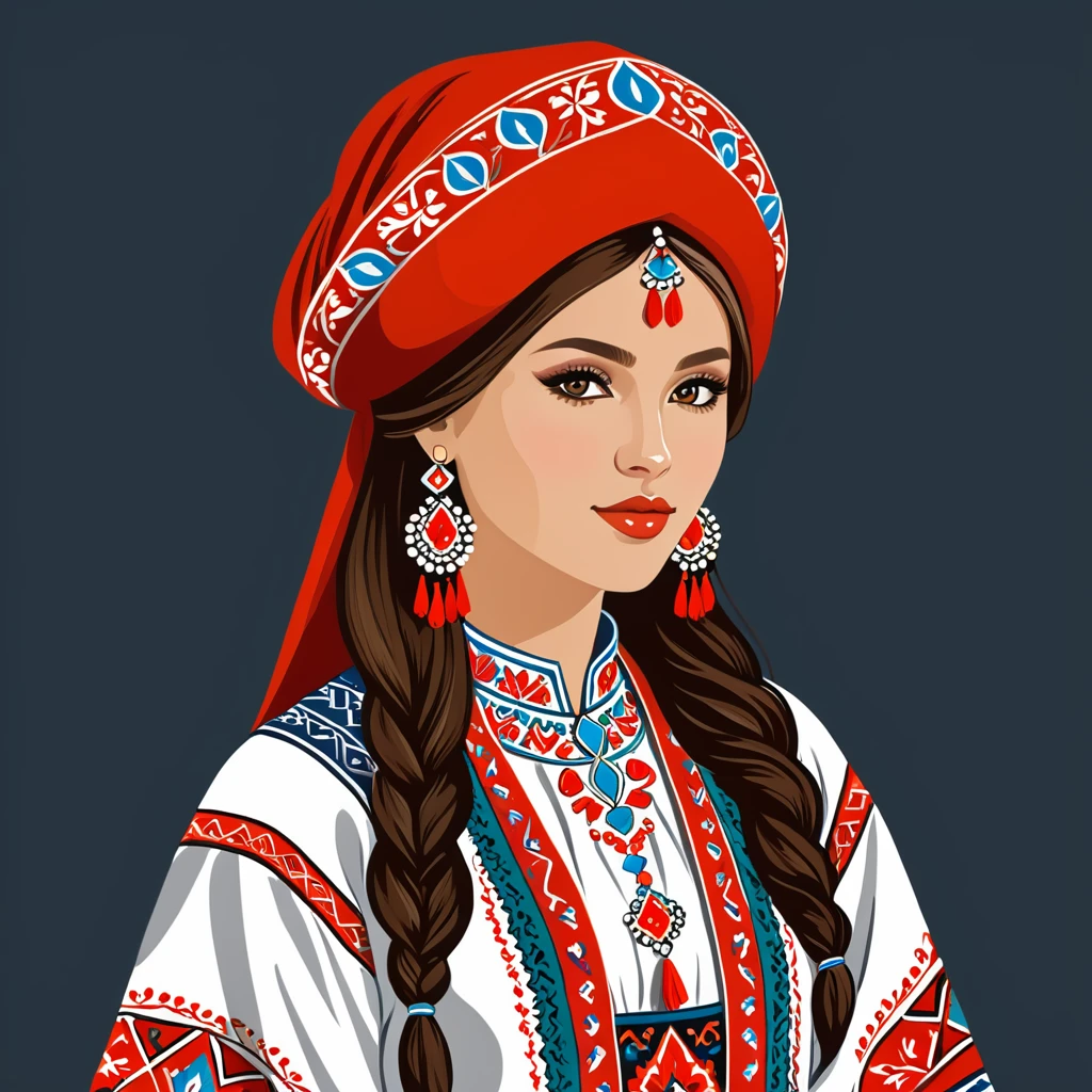 in bashkir folk outfit, vector graphics, strong contours