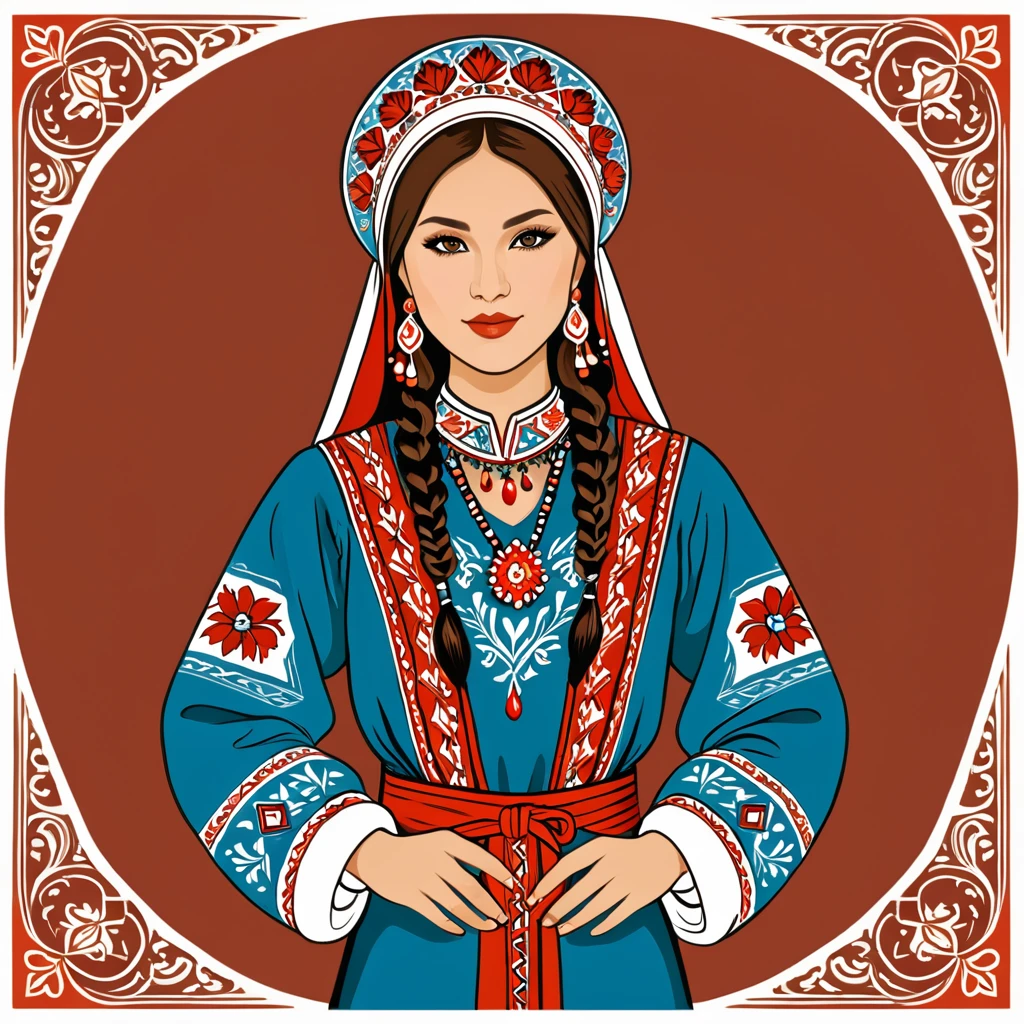 in bashkir folk outfit, vector graphics, strong contours