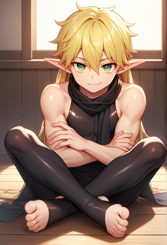 score_9, score_8_up, score_7_up, score_6_up, score_5_up, score_4_up, source_anime, BREAK, 1boy, toeless legwear, solo, sitting, crossed legs, looking at viewer, bare shoulders, indoors, leggings, stirrup legwear, sleeveless, head rest, elf, pointy ears, long hair, fluffy hair, wavy hair, hair between eyes, big eyes, green eyes, cute face, manly body, cat eyes, collarbone, black scarf, long black scarf, yellow hair, smirk, smug face, shiny feet, shiny skin, shiny hair, sunny, dramatic lighting, official artwork, wet skin, wet hair, sunny day, red flowers on floor, sexy, layered clothes, bare shoulder,