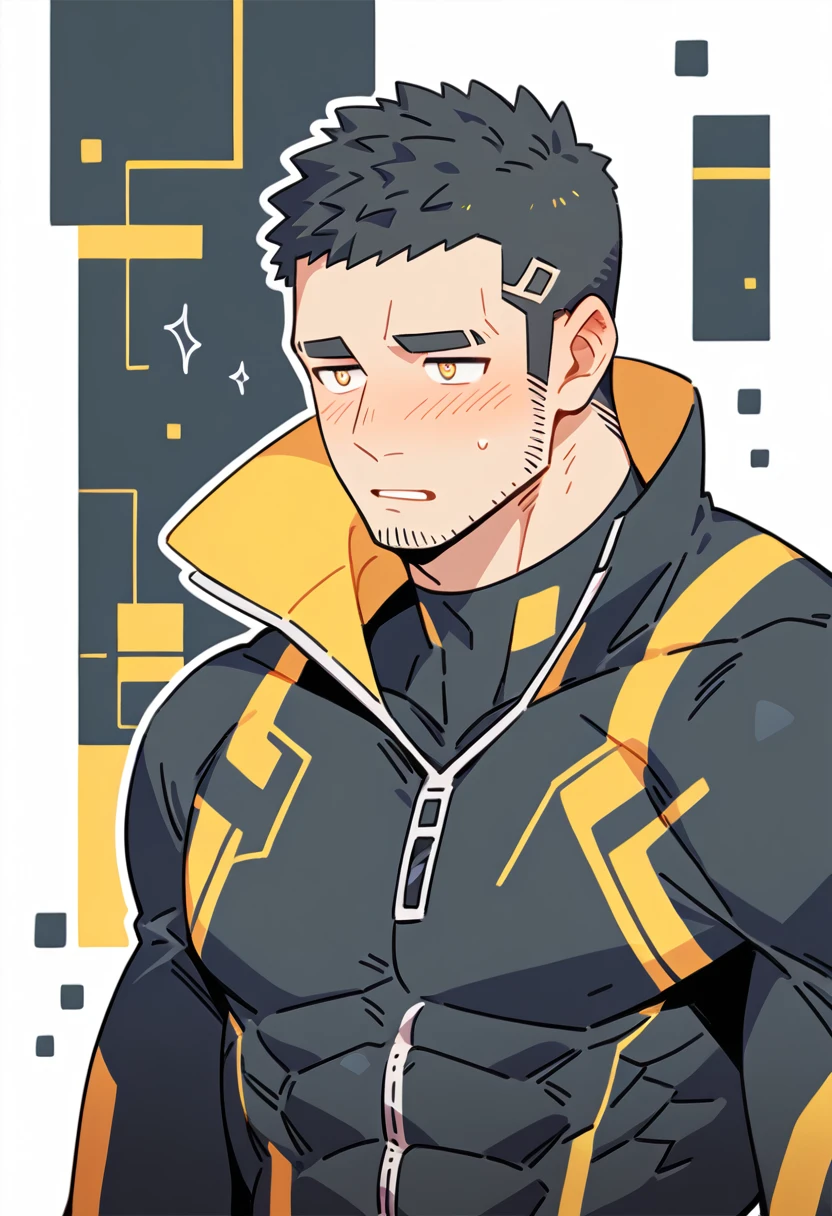 anime characters：Gyee Priapus, Muscle Sports Student, Buzz Cut, Manliness, male focus, Compression bodysuit, Yellow  black high collar long sleeve tight diving suit, Very tight, Regular symmetrical pattern, full and perky chest muscles, muscular male, muscular, only, Upper body, alone, Red short hair, Thick eyebrows, stubble, Brown-red pupils, White background, simple background, amazing quality, best aesthetics, Ridiculous, crew cut, parted lips, flustered, endured face, shy, blush, negative space, negative space, best quality
