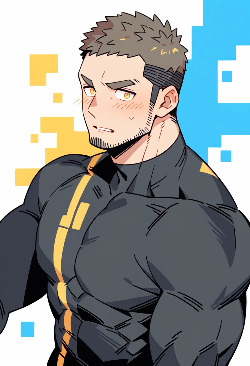 anime characters:Gyee Priapus, Muscle Sports Student, Buzz Cut, Manliness, male focus, Compression bodysuit, Yellow black high collar long sleeve tight diving suit, Very tight, Regular symmetrical pattern, full and perky chest muscles, muscular male, muscular, only, Upper body, alone, Red short hair, Thick eyebrows, stubble, Brown-red pupils, White background, simple background, amazing quality, best aesthetics, Ridiculous, crew cut, parted lips, flustered, endured face, shy, blush, negative space, negative space, best quality