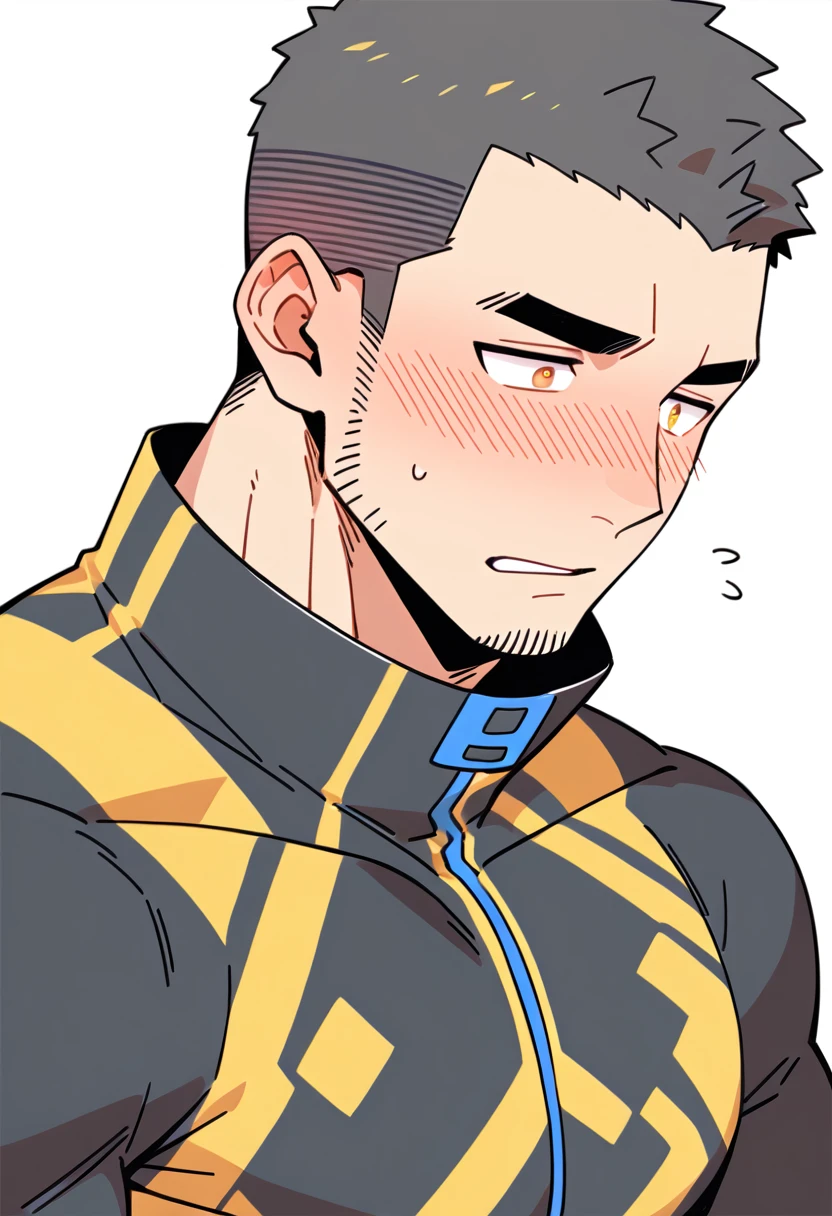 anime characters：Gyee Priapus, Muscle Sports Student, Buzz Cut, Manliness, male focus, Compression bodysuit, Yellow  black high collar long sleeve tight diving suit, Very tight, Regular symmetrical pattern, full and perky chest muscles, muscular male, muscular, only, Upper body, alone, Red short hair, Thick eyebrows, stubble, Brown-red pupils, White background, simple background, amazing quality, best aesthetics, Ridiculous, crew cut, parted lips, flustered, endured face, shy, blush, negative space, negative space, best quality