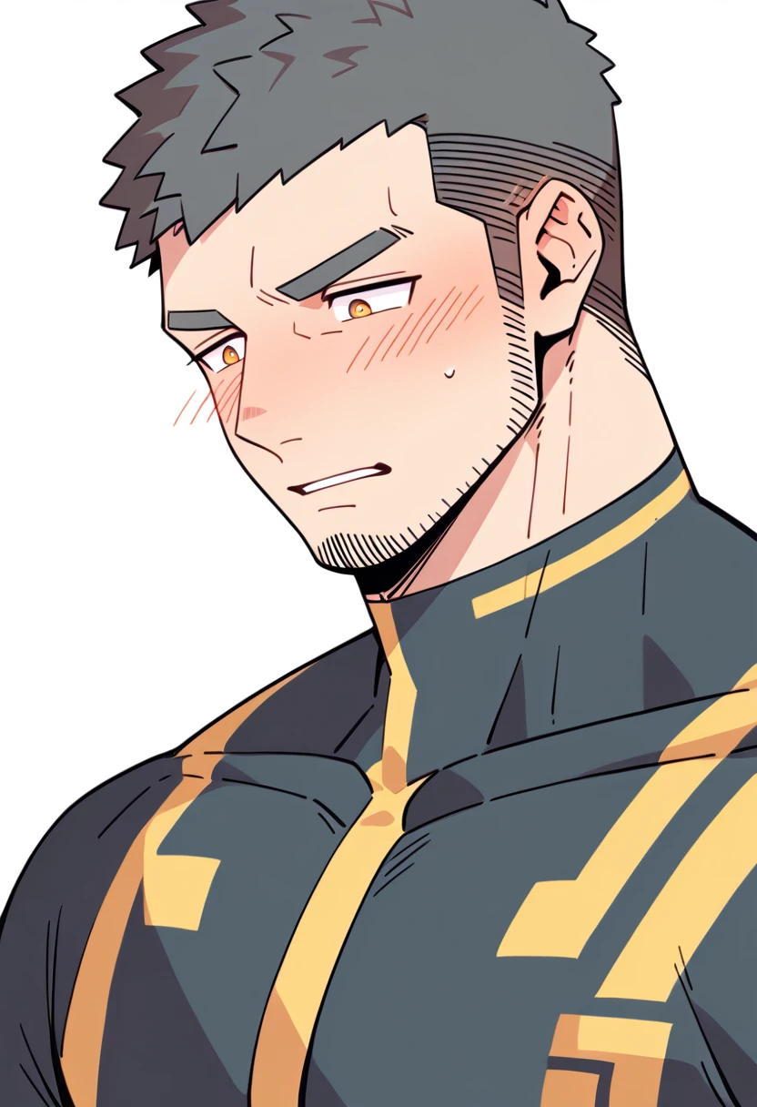 anime characters：Gyee Priapus, Muscle Sports Student, Buzz Cut, Manliness, male focus, Compression bodysuit, Yellow  black high collar long sleeve tight diving suit, Very tight, Regular symmetrical pattern, full and perky chest muscles, muscular male, muscular, only, Upper body, alone, Red short hair, Thick eyebrows, stubble, Brown-red pupils, White background, simple background, amazing quality, best aesthetics, Ridiculous, crew cut, parted lips, flustered, endured face, shy, blush, negative space, negative space, best quality