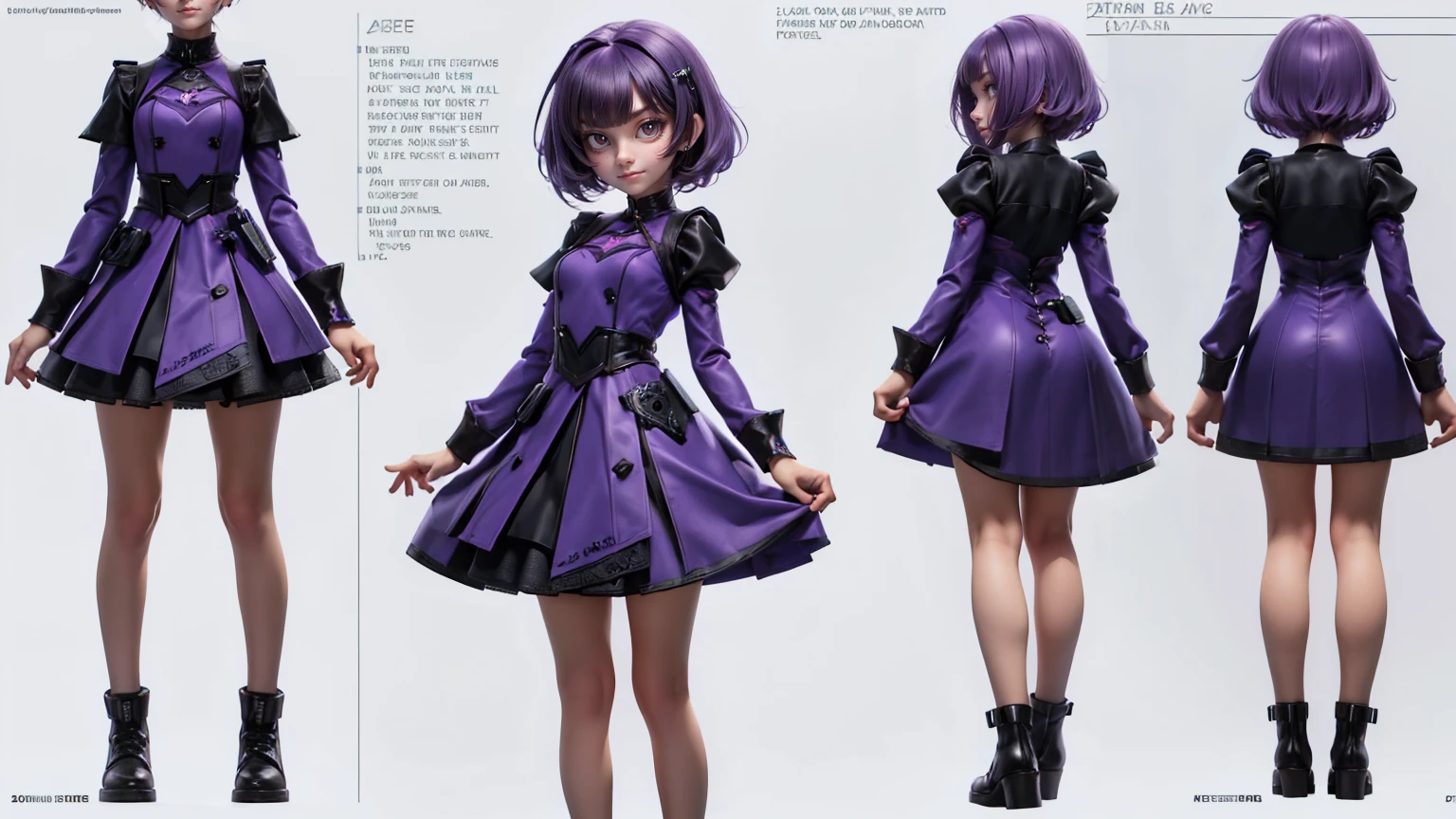 cute girl in a short gaming dress , short hairs, purple hairs, purple dress, gaming , smiling face, short dress full straight standing pose, 14yo student, Character Sheet, Full body, modern girl, games girl, Simple white background, character reference sheet, Concept art, design sheet, HD, full body, standing, modern futurestics dress,