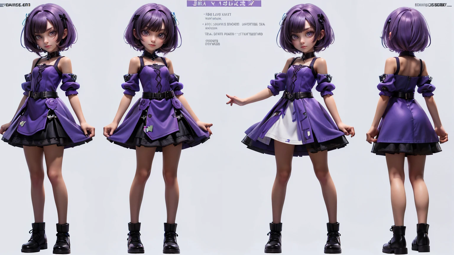 cute girl in a short gaming dress , short hairs, purple hairs, purple dress, gaming , smiling face, short dress full straight standing pose, student, Character Sheet, Full body, modern girl, games girl, Simple white background, character reference sheet, Concept art, design sheet, HD, full body, standing, modern futurestics dress,