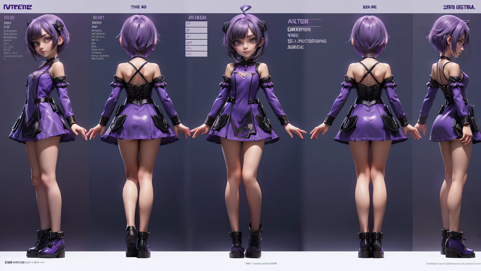 cute girl in a short gaming dress , short hairs, purple hairs, purple dress, gaming , smiling face, short dress full straight standing pose,  student, Character Sheet, Full body, modern girl, games girl, Simple white background, character reference sheet, Concept art, design sheet, HD, full body, standing, modern futurestics dress, 