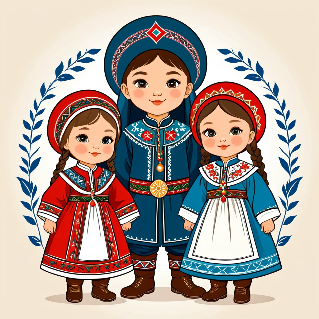 children in bashkir folk outfit, vector graphics, strong contours