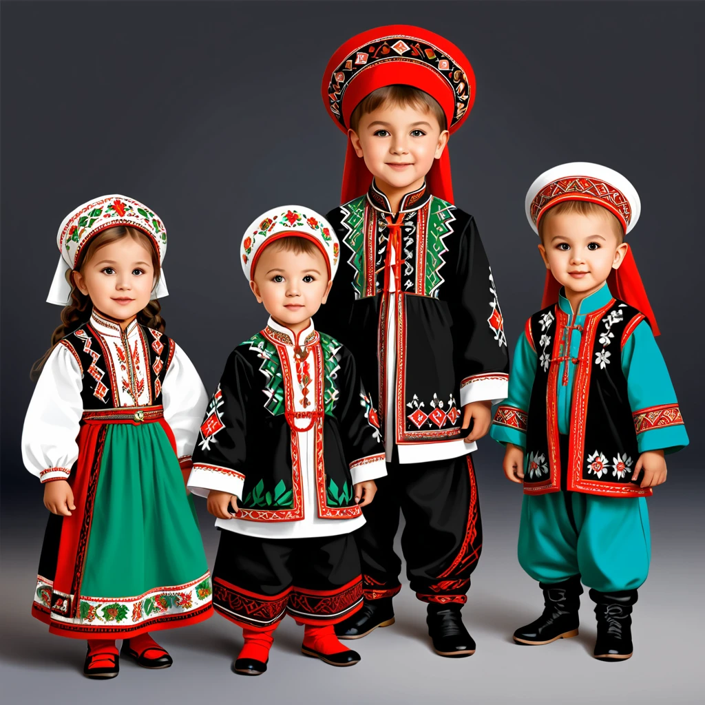 children in bashkir folk outfit, vector graphics, strong contours