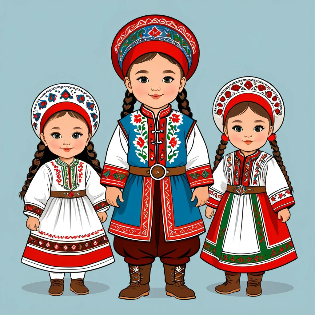 children in bashkir folk outfit, vector graphics, strong contours