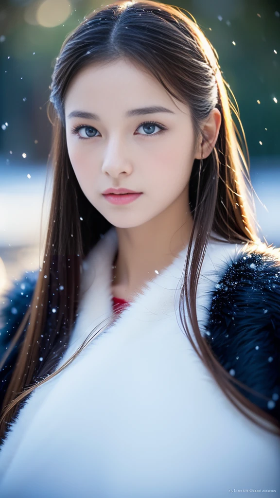 (highest quality, 8k, 32K，details are very clear),Realistic, High resolution, 1 Japanese Women, alone, (Lolita Costume)，Gorgeous costumes，Facing the audience，(Upper Body，Upper limbs)， Beautiful Eyes, brown hair, Ring-shaped eyes, (outside，Heavy snowfall，thick fur cape，Cover with snow)，Snowfield，blue eyes，highest qualityのイラスト，Detailed facial features