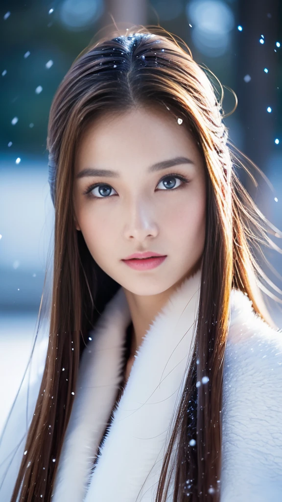 (highest quality, 8k, 32K,details are very clear),Realistic, High resolution, 1 Japanese Women, alone, (ta Costume),Gorgeous costumes,Facing the audience,(Upper Body,Upper limbs), Beautiful Eyes, brown hair, Ring-shaped eyes, (outside,Heavy snowfall,thick fur cape,Cover with snow),Snowfield,blue eyes,highest qualityのイラスト,Detailed facial features