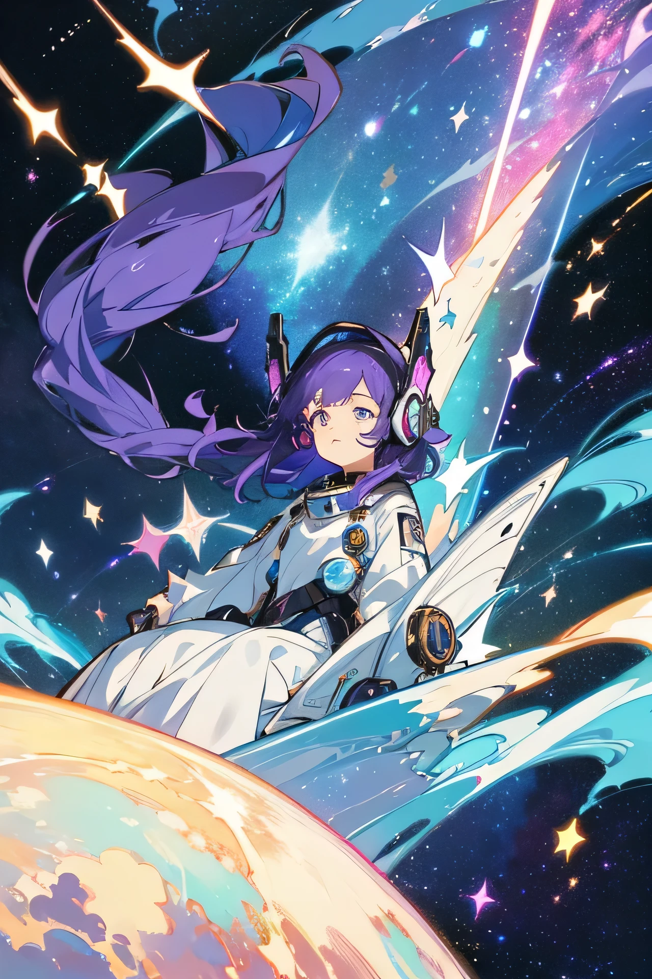 Concept:
This anime-style image will depict a young woman in space, wearing glowing purple headphones. She is sitting on a falling star, soaring through clusters of stars and galaxies. The background will be deep purple, illuminated by twinkling stars in space. The young woman has a serene and dreamy expression as if she is listening to her favorite music, creating a peaceful and profound atmosphere.
Additional Details for Anime Style:
The young woman can have long, flowing dark purple hair that waves gently in the space wind, with large, expressive anime eyes that convey her serene and dreamy expression.
The headphones she wears can feature intricate star patterns or galaxy designs, with glowing accents.
The falling star she is sitting on can emit a soft blue glow around it, with a trail of sparkling stardust.
The background can include vibrant, colorful galaxy patterns with shooting stars and nebulae to add depth and beauty to the image.