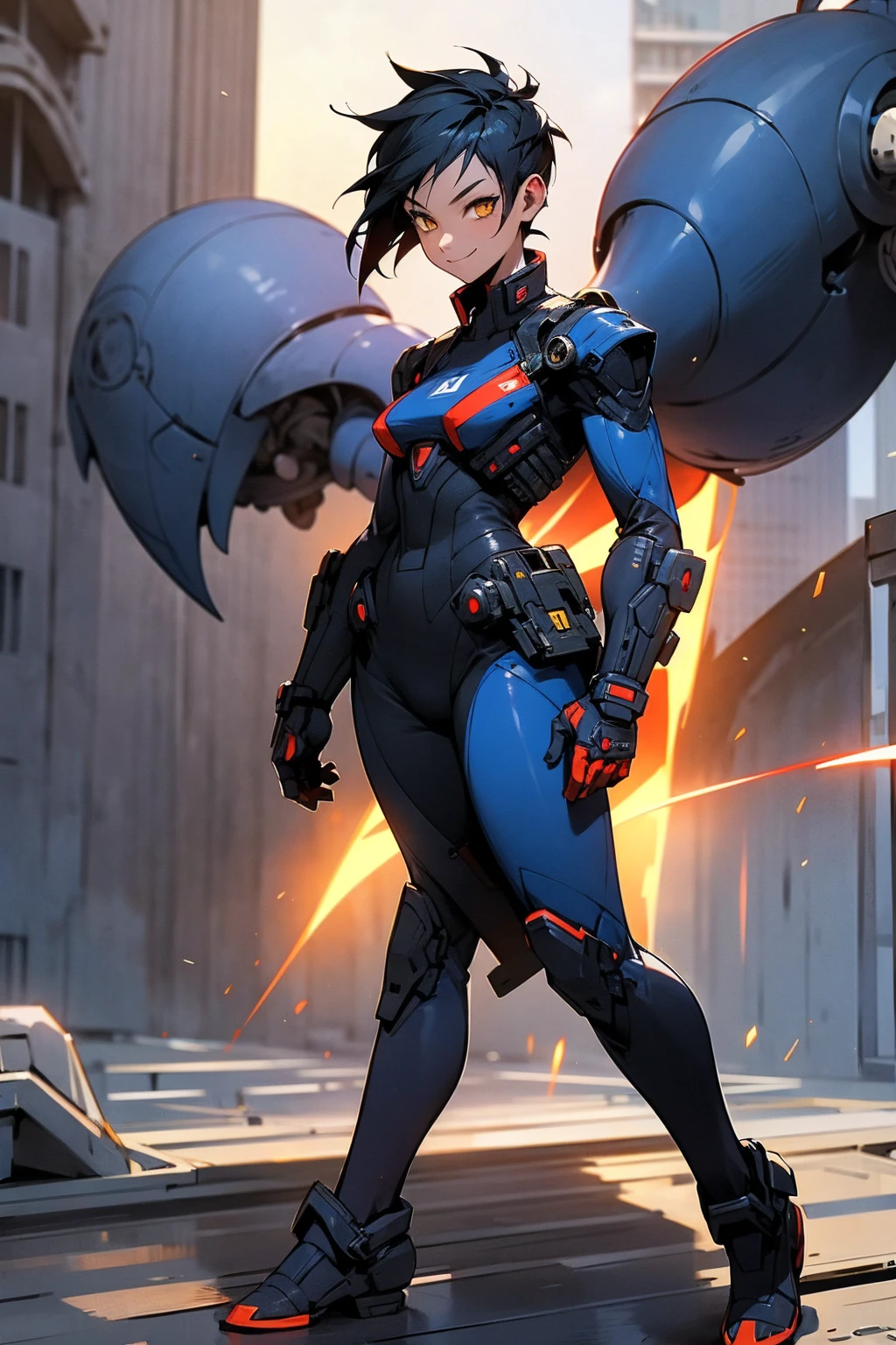 1female, black hair, yellow eyes, angry expression, short spiked hair, red white and blue super suit, city background, detailed background, detailed face, waving, standing