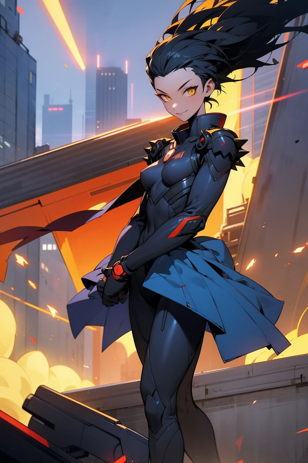 1female, black hair, yellow eyes, smiling expression, short spiked hair, red core, red white and blue super suit, city background, detailed background, detailed face, standing, walking on path, hands to side