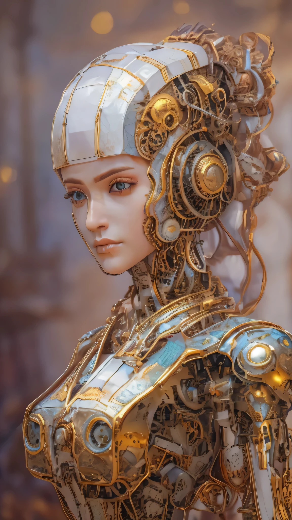 steampunk、sketch、Very beautiful female robot、It is a smart robot equipped with the latest AI.、It has beautiful eyes, nose and mouth.、Very displeased look、While facing right、He is looking down and glaring at the viewer.、2200s、Cartoon、Oil painting style,
