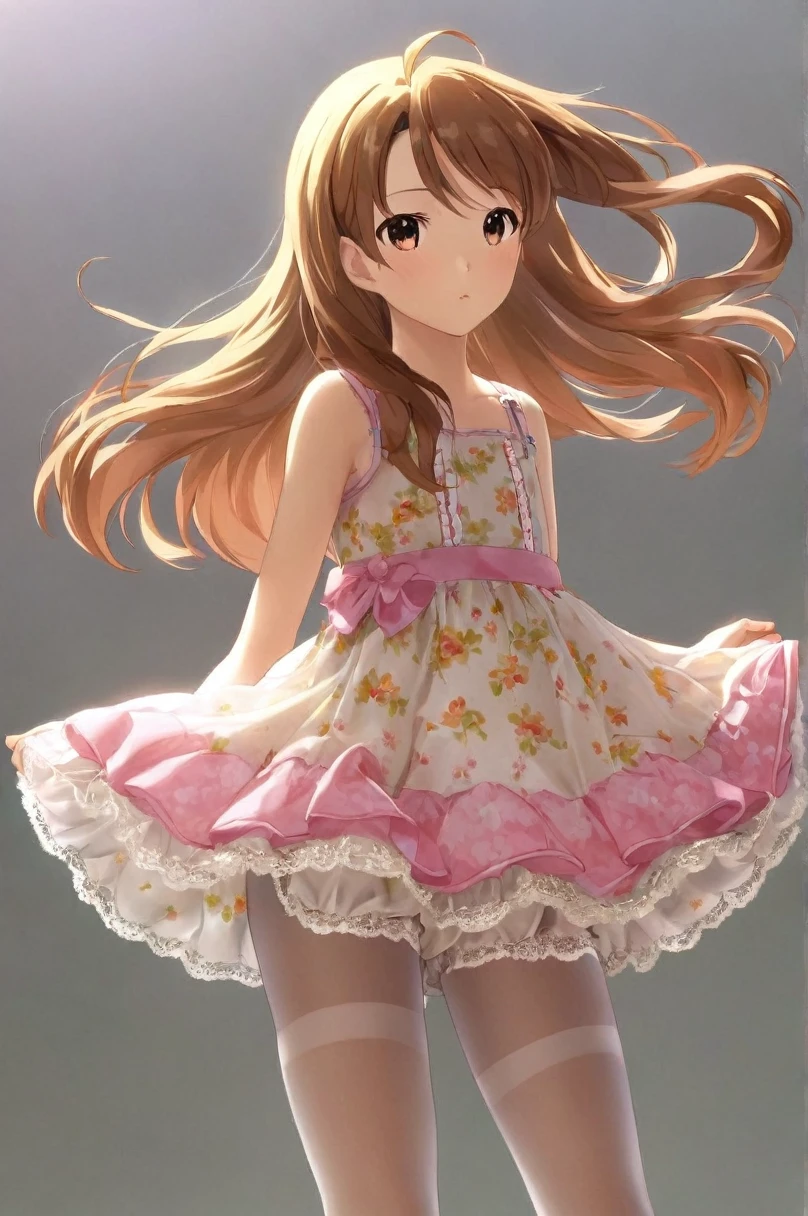 10 year old girl underwear, Minase Iori、Realistic bloomers made from patterned cotton fabric, Idol one-piece dress with panniers, Fabric Realism, Low - Angle, I see bloomers, Pull up the dress by hand, Strong winds, Translucent slip, Translucent slip, tights, Highest quality,  whole body、