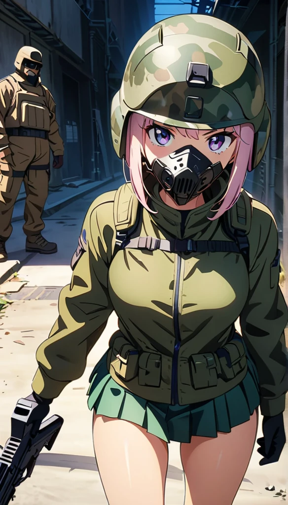 (anime artwork, anime style, studio anime, very detailed, up to date, vibrant, Anime Coloring, high contrast, masterpiece:1.2, best quality, best aesthetics),camouflage clothing,camouflage  helmet, pleated skirt, Medium chest, A glimpse of thighs,random hair, One eye is hidden by the bangs, perfect proportions, high detail skin, Cute, detailed faces, random sexy pose, precise fingers,panty shot Girl shooting automatic rifle, (muzzle explodes:1.2), (looks into sight), finely drawn automatic rifle, bulletproof suit, (turn towards the viewer), syncs body orientation and gaze, dynamic angle, battle, war,