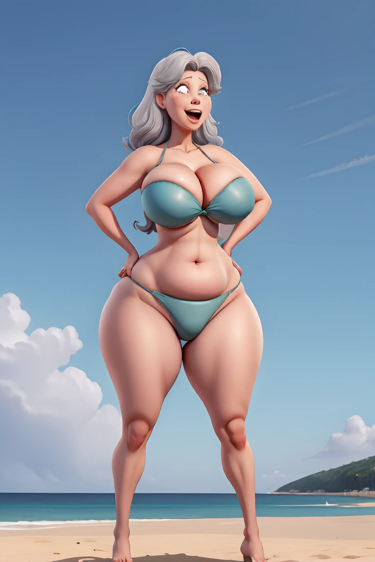 1girl, elderly,gilf, grey hair, sexy figure, ssbbw,gilf, micro bikini, see through bikini, (shot from below), sagging breasts, underboobs, (skindentation:1.4), showing cleavage , massive ass, insanely inflated hips,very large bosum,largest haunches, ahegao face, beach background