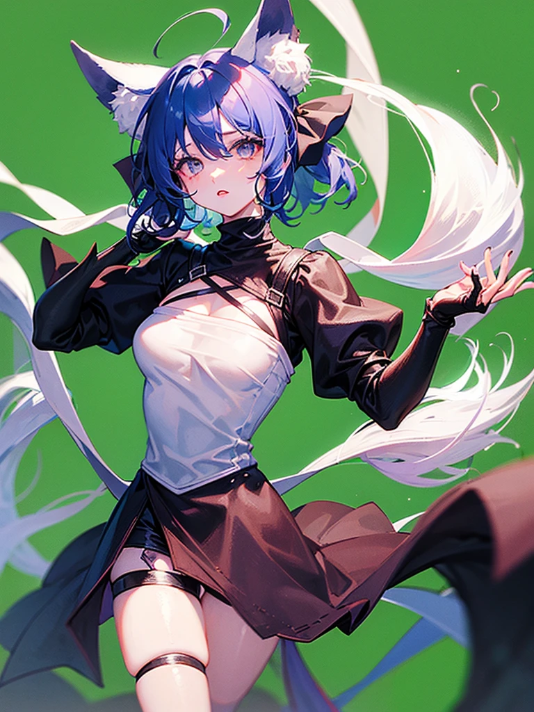 One girl, Wow, (Blindfold), chest, chestの谷間, chestの谷間 cutout, Dress cutout, Green background, Hair between the eyes, head band, High resolution, Juliet Sleeve, Long sleeve, Nier (series), Nier automata, Fluffy sleeves, Red lips, Shadow Face, short hair, alone, Turtleneck sweater, Upper Body, l Blue hair, null, White Fox Ears, White fox tail, nine tailed fox,